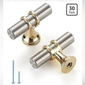 Modern T-Bar Drawer Pulls in Brushed Nickel with Gold Accents - 30 Pack